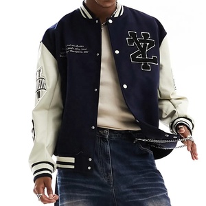 Veste universitaire en laine, nouvelle arrivée 2024, col montant, capuche, décontractée, baseball, patchwork, hiver, manches en cuir, veste tissée - Product Image 2