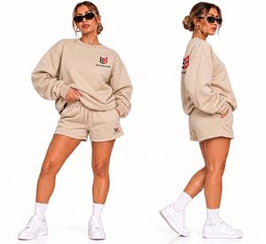 Ensemble de survêtement jaune moutarde pour femme : sweat-shirt à col rond et short de survêtement, coupe oversize, avec logo personnalisé, en molleton, épaules tombantes, idéal pour l'été - Product Image 2