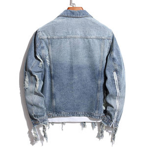 Distressed Blue Men's Denim Jacket Ripped <b>Jean</b> Coat Streetwear Fashion Slim Fit Tassels Fringe Outerwear Casual Style Cotton - Product Image 5