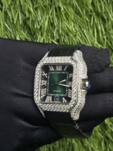 Reloj mecánico automático de lujo para hombre, caja rectangular, acero inoxidable, bisel de diamantes, esfera verde, correa de cuero, indicador de fecha - Product Image 2