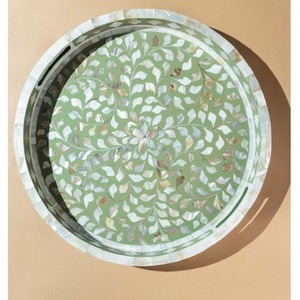 Exclusive Quality Mother of Pearl Inlay <b>Tray</b> Blue Floral Pattern Coffee <b>Table</b> Housewarming Gift Chocolate Serving <b>Round</b> <b>Tray</b> - Product Image 5