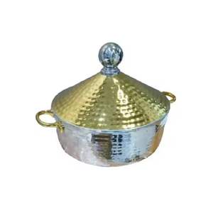 Casserole en acier inoxydable martelé avec couvercle doré, plat de service de luxe, pot isotherme, vaisselle de buffet, chauffe-plats - Product Image 1