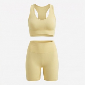 Women's 2 Piece Ribbed Sporty Set Sleeveless Crop <b>Top</b> <b>and</b> Above Knee <b>Shorts</b> Solid Yellow Breathable Spandex Nylon Activewear - Product Image 1