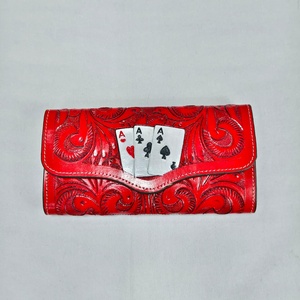 Monedero de Cuero Genuino Rojo con Diseño Floral Bordado a Mano y Cierre de Botón a Presión, Superventas - Product Image 1