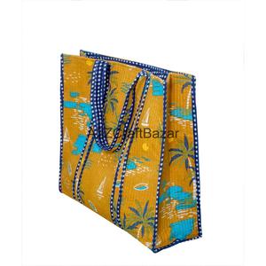 กระเป๋าผ้าฝ้ายเย็บมือลายทางพิมพ์ลายบล็อกอินเดีย หูหิ้วยาว สำหรับผู้หญิง เหมาะสำหรับใส่ของชำและช้อปปิ้ง - Product Image 1