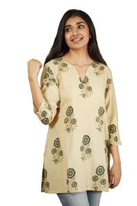 Beige Discharge Printed Cotton Women's Regular Fit Regular Length Modern Casual Summer Kurta India Pakistan Style Sun Protection - Product Image 4