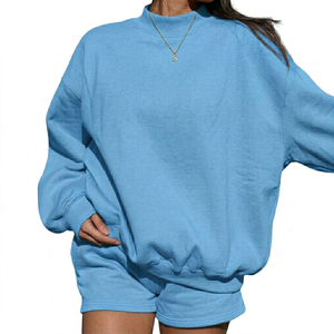 Conjunto de Sudadera y Pantalones Cortos Personalizables para Mujer, Cuello Alto, Otoño-Invierno, Corte Holgado Informal, Mezcla de Poliéster y Algodón, Transpirable y de Secado Rápido - Product Image 2