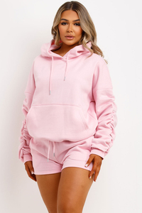 Women Plus Size Pink Hooded <b>Tracksuit</b> Set Solid Color Full Sleeve Shorts Casual Spring Wear With Side Pockets Drawstring Closure - Product Image 4