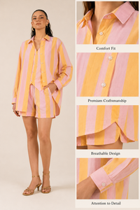 Cotton Co-ord Women Casual <b>Set</b> Striped Shorts <b>Set</b> 3 Piece Waistcoat Oversized Shirt Wholesale Matching Lounge <b>Set</b> - Product Image 4