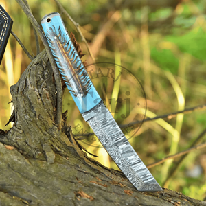 Couteau de chasse à lame fixe droite en acier Damas personnalisé, pointe clip, utilitaire extérieur, manche en résine, étui en cuir, OEM EDC de haute qualité - Product Image 4