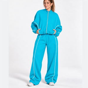 <b>Women's</b> Contrastline Full Zip Tracksuit Two Piece Casual Outfit Relaxed <b>Jacket</b> And Wide Leg Pants Matching Apparel Set Style - Product Image 1
