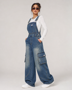 <b>Women's</b> Denim Overalls Mid Waist Regular Fit Breathable Stonewashed Cargo Pockets Formal Style Summer Wear Cheap Price Wholesale - Product Image 1