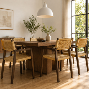 Chaise de salle à manger en teck massif, style scandinave moderne, écologique, avec accoudoirs et dossier tissé à la main Nusa - Product Image 5