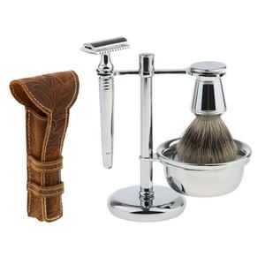 Kit de afeitado para hombre con cepillo de pelo sintético, mango de madera y estuche de cuero, el más vendido. - Product Image 3