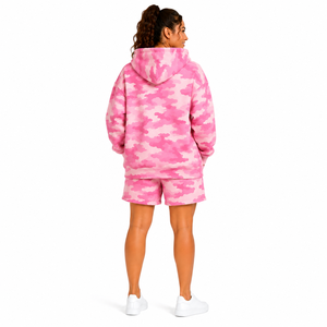 Custom Women Camo Short <b>Set</b> Oversized Pullover Hoodie Kangaroo Pocket Shorts <b>Set</b> Camouflage Print Fleece Tracksuit Short <b>Set</b> - Product Image 2