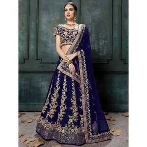 Tenue de soirée impressionnante de couleur bleu marine en soie brute Lehenga Choli - Product Image 1