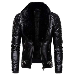Veste de moto pour homme, noire, coupe slim, épaisse, respirante, en nylon/cachemire, col montant, manteau de motard, hiver - Product Image 2