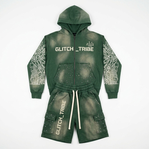 Custom Unisex green Applique Patch Hoodie Shorts <b>Set</b> Graphic Streetwear Two Piece OEM ODM Private Label Apparel Manufacturer - Product Image 1