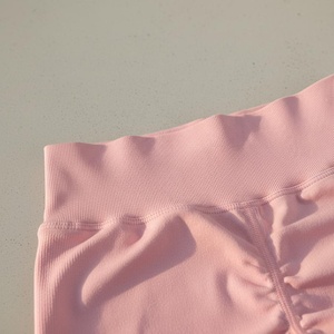 Pastel Pink Solid Two Piece Spandex/Nylon Quick Dry Activewear Set <b>Lace</b>/Belt Crop Top <b>Elastic</b> Waist Low Waist Fitted Shorts Yoga - Product Image 6