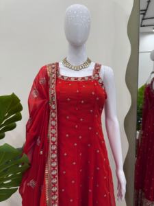 Beautiful Traditional Party Wear Gown Dupatta Salwar Kameez Foux Georgette Micro Work Thread Sequence Inner <b>Fabric</b> <b>Indian</b> - Product Image 6
