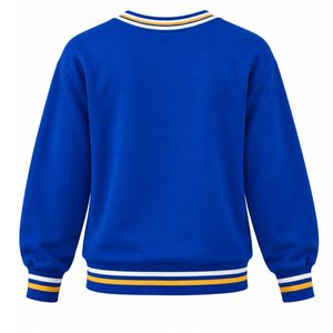 Pull en maille col rond bleu roi pour femme avec motif graphique doré « 1922 » et poignets rayés blancs et dorés – Tenue décontractée - Product Image 3