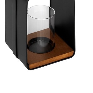 Portavelas de Metal Negro Mate Moderno con Cristal Transparente y Base de Madera, Farol Decorativo Minimalista para Jardín Exterior - Product Image 4