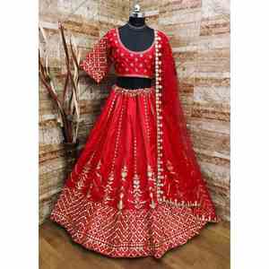 FANCY COBRA SECUENCIA DE SECUENCIA BORDADO TRABAJO LEHENGA CHOLI CON DUPATTA ROJO - Product Image 1