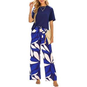 Ladies Summer Casual Daily Wear 2-Piece <b>Set</b> 2025 Short-Sleeved <b>Knit</b> Shirt Floral Print Belt Wide-Leg Pants Breathable Loose Fit - Product Image 5
