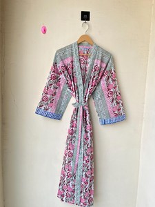 ชุดกิโมโนลายพิมพ์บล็อกการ์ตูนสำหรับผู้หญิง ผ้าฝ้าย 100% ชุดนอนฤดูร้อน ทำมือ ODM คอวี เอวยางยืด ความยาวเต็มตัว/เข่า เนื้อผ้านุ่ม - Product Image 3