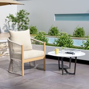 Fauteuil de salon moderne en aluminium beige avec un design élégant en corde tressée, confort rembourré pour la vie en plein air - Product Image 3