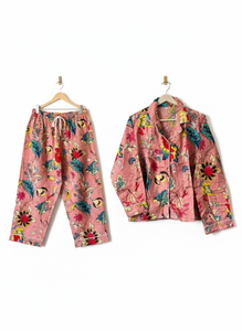 Conjunto de Pijama para Mujer con Estampado Floral y Rayas Verticales, Hecho a Mano, de Algodón, Ropa de Dormir Elegante, Camisa y Pantalones de Secado Rápido - Product Image 2