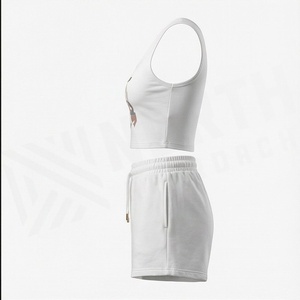 Women's <b>2</b> <b>Piece</b> <b>Set</b> <b>White</b> Sleeveless Crop Top With Geometric Print And Above Knee Shorts Casual Spring Summer Wear - Product Image 3