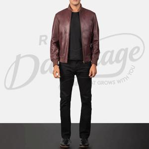 Chaqueta bomber de cuero liso color borgoña intenso con puños elásticos tonales y herrajes centrales de latón, venta al por mayor. - Product Image 4