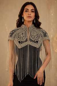 Women's Cotton Couteure Polyester Beaded Shoulder <b>Cape</b> with Floral Embroidery and Fringe Decorative <b>Wedding</b> Party Wear - Product Image 3
