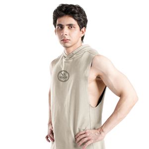 Beige Perform Hooded Tank Men's Sleeveless Gym Hoodie <b>Vest</b> Cotton Workout Training Fitness Bodybuilding <b>Stringer</b> Athletic Muscle - Product Image 4