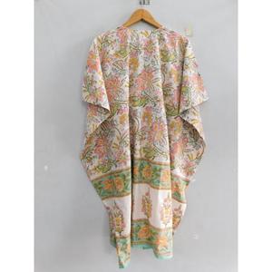 ชุดมินิคาฟตันผ้าฝ้ายพิมพ์ลายบล็อกทำมือ 100% สไตล์โบฮีเมียน ชุดคลุมชายหาดทรงหลวม เสื้อคลุมลำลองสำหรับฤดูร้อน คอวี แขนทรงปีกค้างคาว - Product Image 4