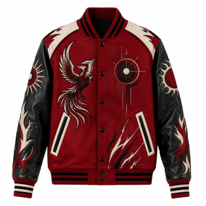 Veste universitaire en laine et cuir avec broderie d'oiseau et fermeture à boutons-pression, conçue pour le streetwear. - Product Image 1