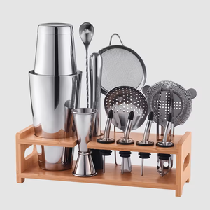 Juego de herramientas de barman de acero inoxidable negro con soporte de madera para fiestas, juego completo de herramientas para barra de cócteles - Product Image 6