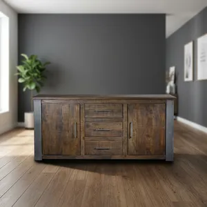 Industrial Solid Wood Sideboard 3 <b>Drawer</b> 2 Door Buffet <b>Cabinet</b> Rustic Iron <b>Metal</b> Frame Living Room Storage Credenza - Product Image 3