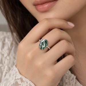 Oval Moss Agate <b>Gemstone</b> <b>Ring</b> Claw Setting Brass Base Unisex Fine <b>Ring</b> for Engagement Wedding Anniversary Gift - Product Image 3