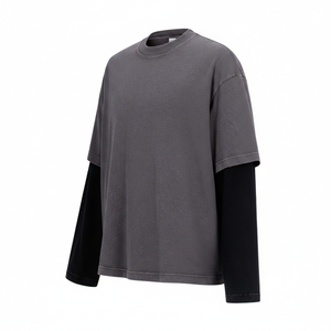 Camiseta de Manga Larga para Hombre, 100% Algodón, Estilo Falso Dos Piezas, Vintage, Lavado Ácido, Oversize, Streetwear, Hip Hop, Personalizada - Product Image 2
