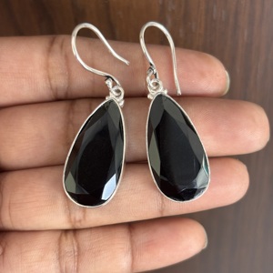 Stylish 925 Sterling Silver Bohemian Style Women's <b>Black</b> <b>Onyx</b> Faceted Checker Cut Gemstone Dangle <b>Earrings</b> Wedding Party Gift - Product Image 2