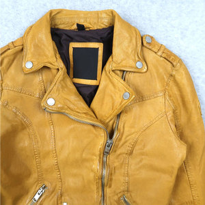 Distressed Yellow Genuine Leather Moto <b>Jacket</b> Women’s Vintage Style Real Sheepskin Biker Coat with Silver Hardware - Product Image 3