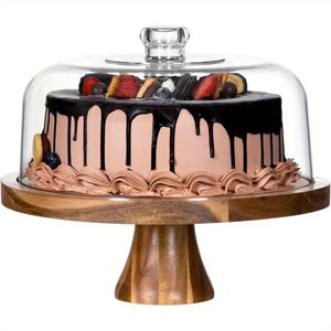Acacia Wood Cake Stand with Glass Dome <b>Brown</b> Handcrafted Cake Display Stand Multipurpose Serving Platter with Glass - Product Image 4