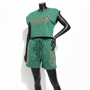 Conjunto de Camiseta sin Mangas y Pantalones Cortos de Algodón Grueso 100% para Mujer, con Logotipo Verde Cristal, Ropa de Verano - Product Image 5