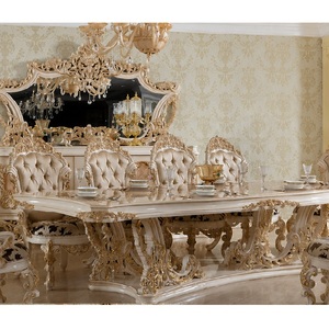 Ensemble de table à manger de style luxueux, meubles de salle à manger classiques en teck, blanc et or, suite de salle à manger hautement sculptée - Product Image 1