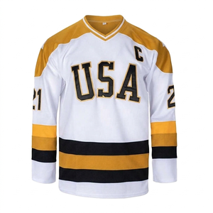 Camiseta de Hockey sobre Hielo para Hombre, Blanca, Dorada y Negra, Cuello en V, Manga Larga, Absorbe la Humedad, Impresión Sublimada, Corte Regular, Ropa para Adultos - Product Image 1
