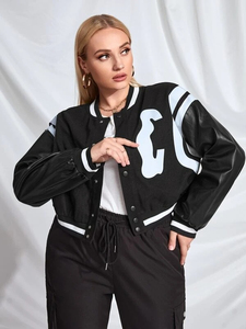 เสื้อแจ็คเก็ตเบสบอลทรงครอป แขนยาว บุผ้าฝ้าย สไตล์วาร์ซิตี้ สำหรับผู้หญิง พร้อมแถบลายทาง สตรีทแวร์ บอมเบอร์ครอปแจ็คเก็ต - Product Image 4