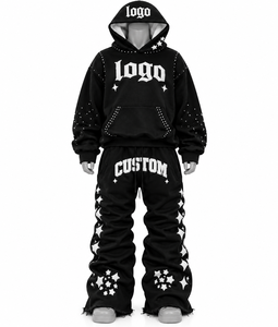 Black Studded Hoodie Set <b>Y2K</b> Oversized Sweatshirt Sweatpants Tracksuit Unisex <b>Streetwear</b> Winter Polyester/Cotton Fleece - Product Image 1
