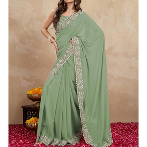 Sari pour femme personnalisé avec broderies de luxe, bordures décoratives, options de couleurs personnalisées et style sophistiqué pour les tenues ethniques - Product Image 4
